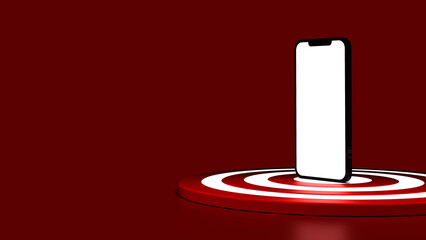 Fototapeta premium Smartphone on the dartboard in red background. Business concept. 3D Illustration.