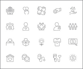 Set of Charity and Donation icons line style. It contains such Icons as blood, heart, save world, love, cross, ribbon, care, volunteer, fund, donor and other elements.