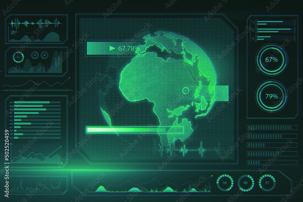 Poster Glowing digital business screen interface background with globe and charts. Spy, hud and world concept. 3D Rendering.