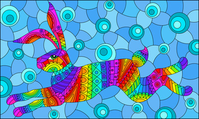 Obraz premium Stained glass illustration with abstract bright rabbit, animals on a blue background, rectangular image