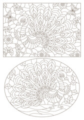 A set of contour illustrations in the style of stained glass with peacocks, dark contours on a white background