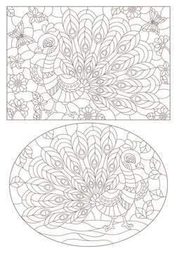 A set of contour illustrations in the style of stained glass with peacocks, dark contours on a white background