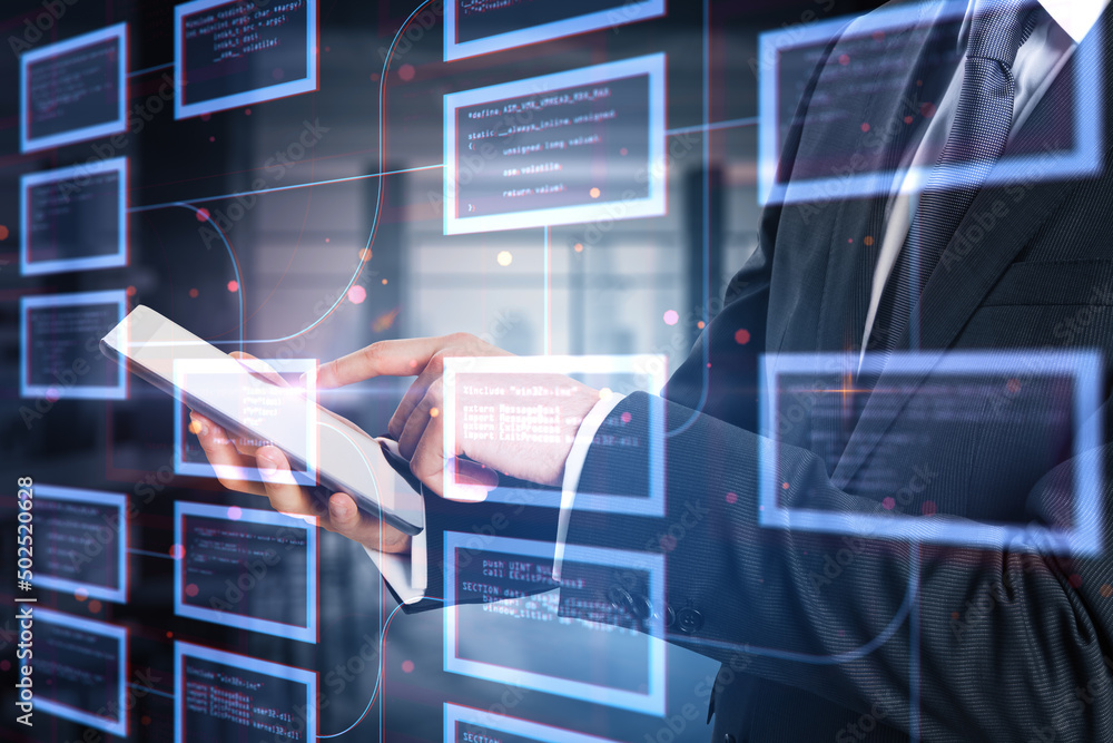 Poster Close up of businessman hand pointing at smartphone with abstract creative coding programming hologram on blurry interior background. Science, technology and software concept. Double exposure.