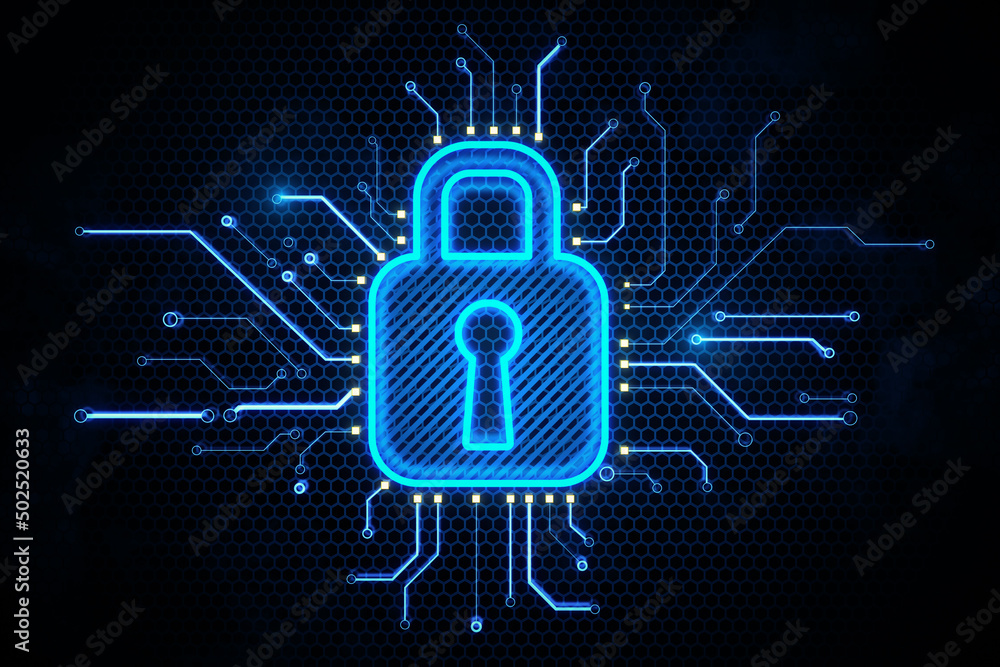 Poster Cyber security technologies concept with bight digital lock symbol and circuit lines on abstract dark wallpaper. 3D rendering