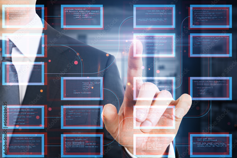 Aufkleber Close up of businessman hand pointing at abstract creative coding programming hologram on blurry interior background. Science, technology and software concept. Double exposure.