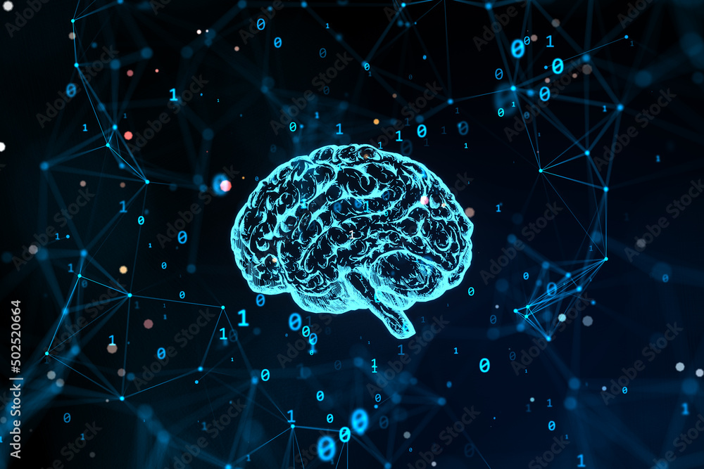 Aufkleber creative polygonal brain hologram on dark backdrop. neurology and anatomy concept. 3d rendering.