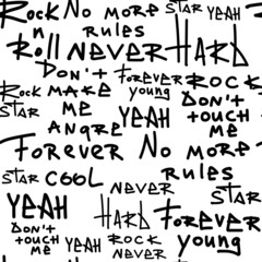 Seamless pattern with inscriptions about rock and roll, no more rules, never, forever, star, dont touch me. Pattern lettering for wallpaper, textile, wrapping paper, t-shirt.