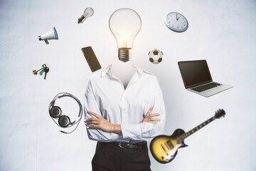 Abstract image of headless businesswoman with idea head, laptop, guitar and other items flying...