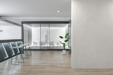 Modern concrete and glass office interior with empty mock up place on wall, wooden parquet flooring. Commercial workplace, law and legal concept. 3D Rendering.