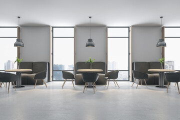 Contemporary concrete cafe interior with furniture and bright city view. Dine in concept. 3D Rendering.