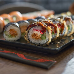 Set of sushi in a restaurant on the table. Sushi menu. Japanese food