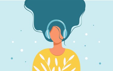 A pretty young woman in headphones listens to her favorite music. The concept of musical pastime, listening to audio, learning in headphones. Vector isolated with a girl in bright clothes. Flat style.