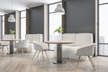 Luxury concrete cafe interior with wooden flooring, furniture and bright city view. Dine in concept. 3D Rendering.