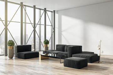 Sunny stylish hall interior background with modern black velvet furniture, glass coffee table on wooden floor and city skyscrapers view from big futuristic designed windows. 3D rendering