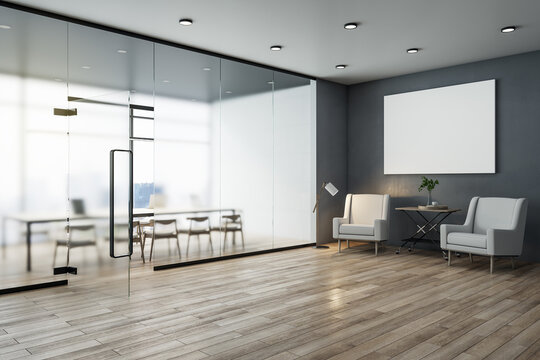 Modern concrete office interior with empty white mockup banner, wooden flooring, matte partition glass, furniture, equipment and city view with daylight. 3D Rendering.