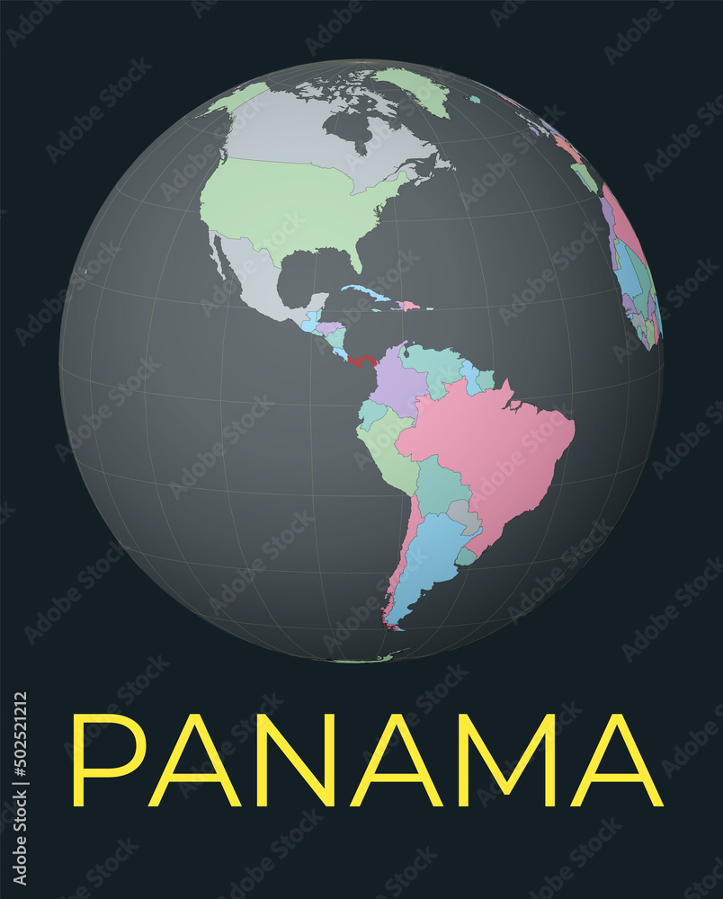 Poster world map centered to panama. red country highlighted. satellite world view centered to country with
