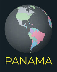 World map centered to Panama. Red country highlighted. Satellite world view centered to country with name. Vector Illustration.