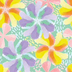 seamless hand drawn mixed colourful flowers pattern background , greeting card or fabric