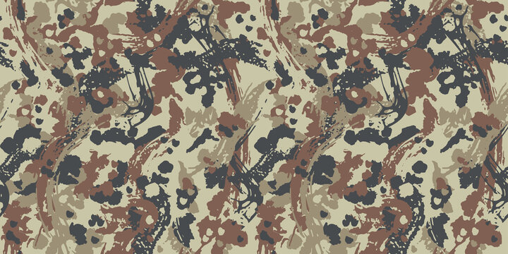 Brown beige camouflage seamless grunge pattern. Modern military camo texture, fashionable fabric. Desert masking color. Stock vector illustration.
