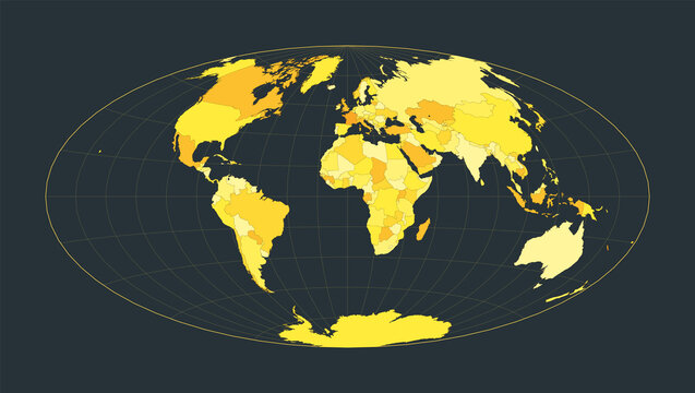 World Map. Aitoff projection. Futuristic world illustration for your infographic. Bright yellow country colors. Appealing vector illustration.