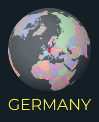 World map centered to Germany. Red country highlighted. Satellite world view centered to country with name. Vector Illustration.