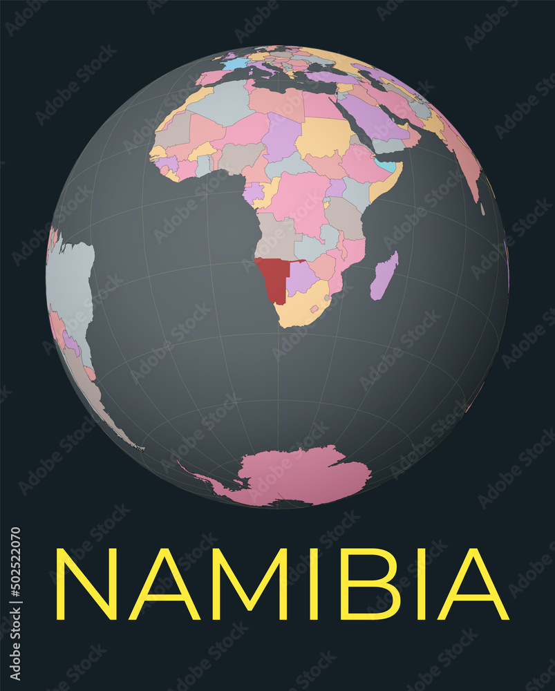 Poster world map centered to namibia. red country highlighted. satellite world view centered to country wit