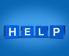 3d rendering, illustration of HELP letter on block cubes on light blue background, Business customer service and support concept