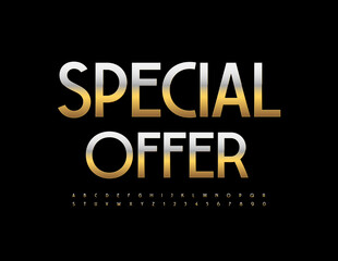 Naklejka premium Vector business banner Special Offer. Gold metallic Font. Elegant set of Alphabet Letters and Numbers