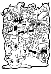 Hand-drawn illustrations, monsters doodle, Hand Drawn cartoon monster illustration,Cartoon crowd doodle hand-drawn Doodle style.black and white stripes coloring
