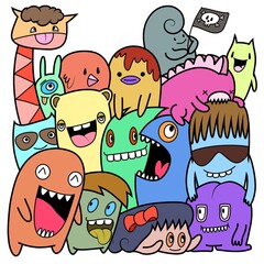 Hand-drawn illustrations, monsters doodle, Hand Drawn cartoon monster illustration,Cartoon crowd doodle hand-drawn Doodle style.