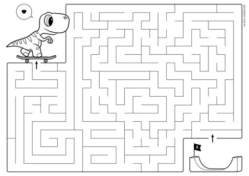 Vector black line printable maze. Format A4. Coloring book educational maze with little dinosaur on skateboard. Size landscape.