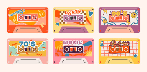 Naklejka premium Collection of retro vintage audio cassettes with magnetic tape - hand drawn vector cassettes in 90s,80s,70s style, isolated on light background 