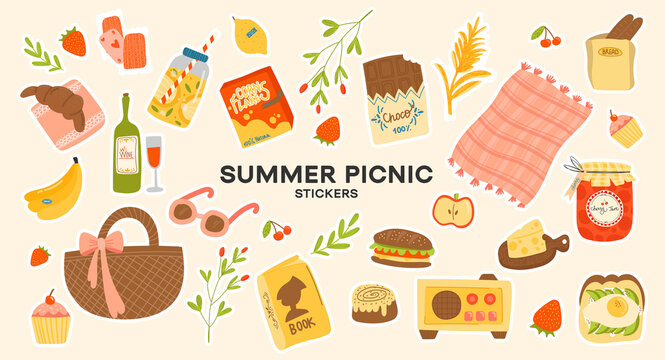 Collection of picnic items. Includes, basket, rug, cakes, pie, radio, cherries, and other desserts. Vector illustration, stickers, concept of summer outdoor dining in cartoon style. on isolated backgr