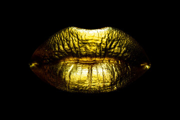 Gold, sexy female golden lips on black. Sensual lips, sexy mouth.