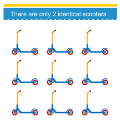 Logical game for kids. Need to find two identical scooters. Visual intelligence. Vector illustration