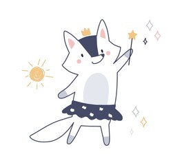 Cute fairy baby animal with magic wand and crown. Scandinavian fairytale fox princess. Happy sweet little childish character. Kids flat graphic vector illustration isolated on white background