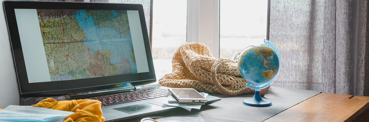 Travel. Online travel plans with Covid passport and Covid test. Traveling after quarantine, lockdown, covid 19. Staycation.local travel new normal.Tourism after border opening, quarantine end