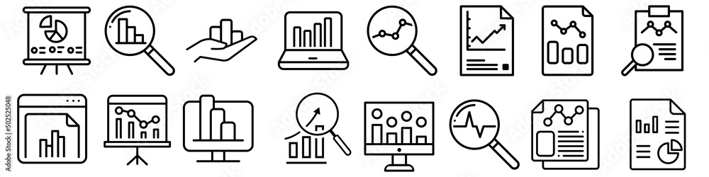 Poster data analysis icon vector set. profit graph illustration sign collection. data science symbol or log