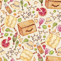 Warm garden party with lantern garland and picnic box, pie, lemonade and fruits. Watercolor pattern
