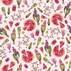 Warm garden party with lantern garland and picnic box, pie, lemonade and fruits. Watercolor pattern