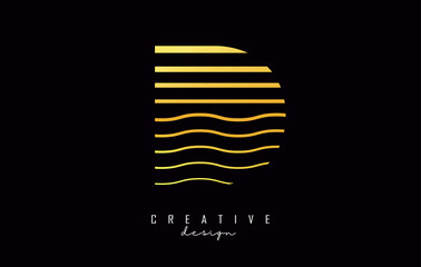 Golden Letter D logo design. Vector illustration with waves lines.