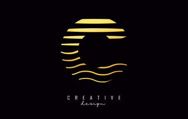 Obraz premium Golden Letter C logo design. Vector illustration with waves lines.
