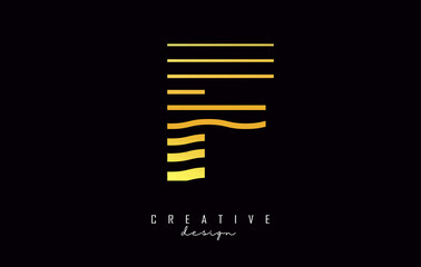 Golden Letter F logo design. Vector illustration with waves lines.