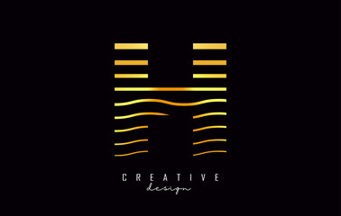 Golden Letter H logo design. Vector illustration with waves lines.