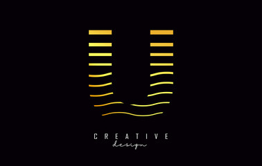Golden Letter U logo design. Vector illustration with waves lines.