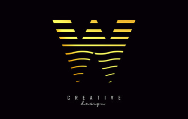 Golden Letter W logo design. Vector illustration with waves lines.