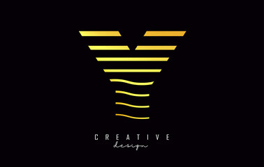 Golden Letter Y logo design. Vector illustration with waves lines.
