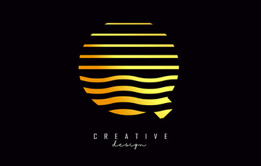 Golden Letter Q logo design. Vector illustration with waves lines.
