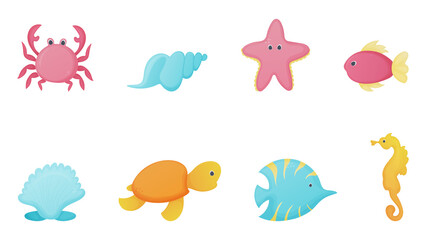 8 fantasy sea animals. Design for kids. Vector illustration