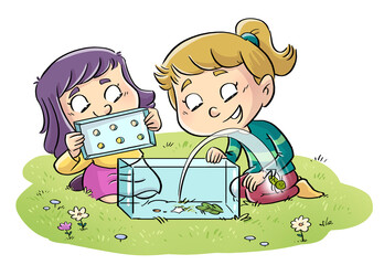Fototapeta Illustration of two girls releasing an insect in the field obraz